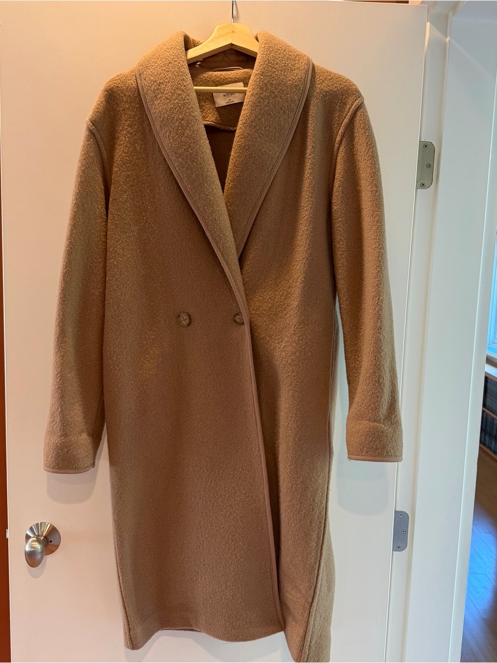Aritzia Camel Double-Breasted Shawl-Collar Wool Coat